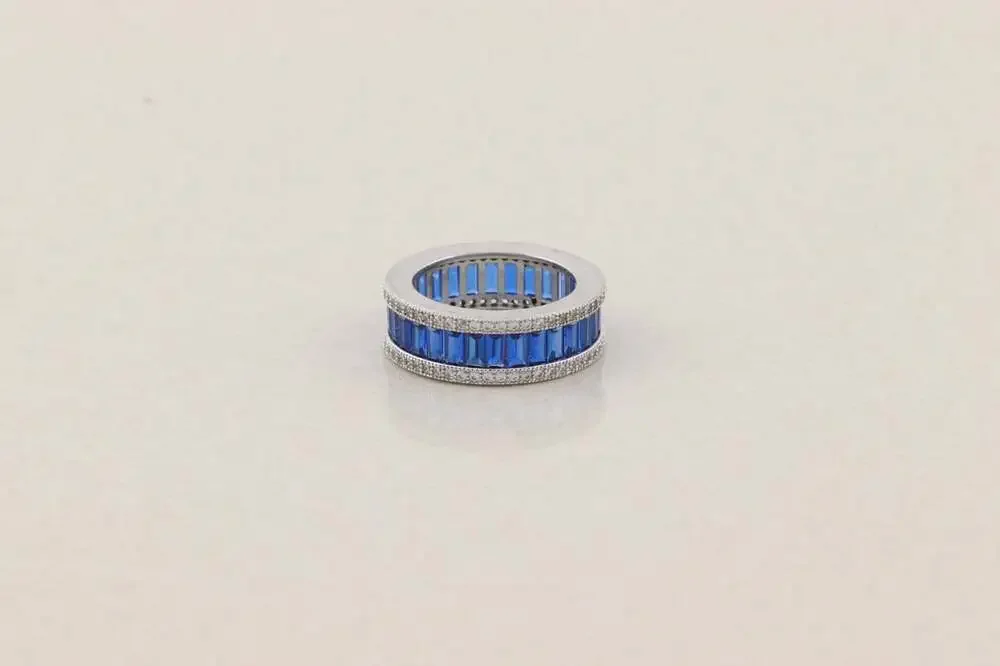 Sterling Silver Sparkly Lab Created Blue Sapphire and CZ Band Ring Size 6